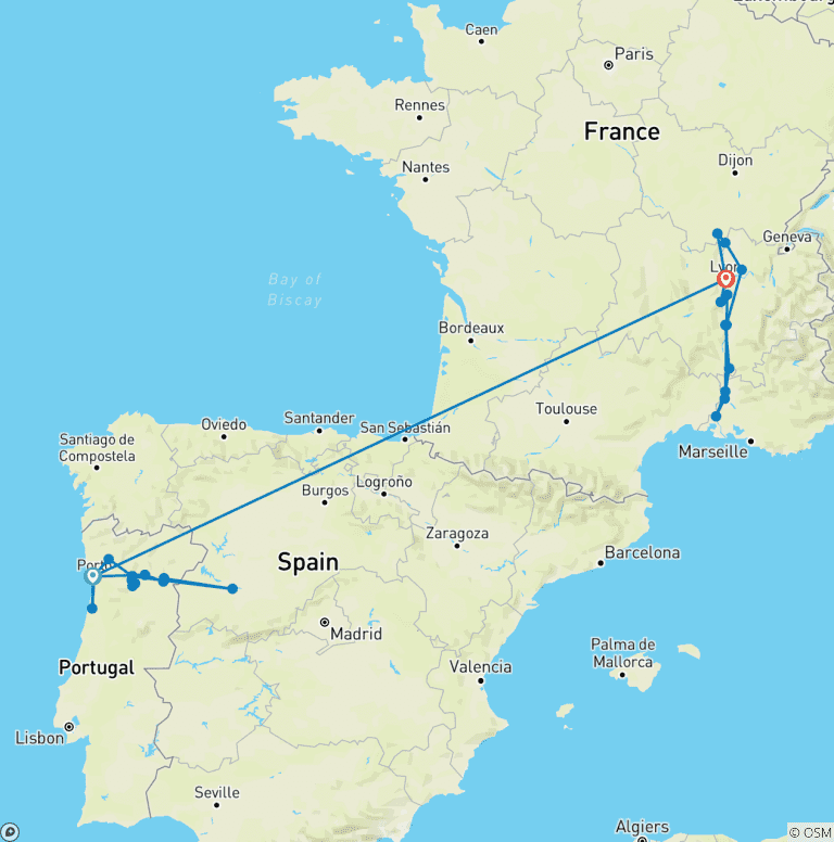 Map of Unforgettable Douro & Spectacular South of France 2027 - 21 Days (43 destinations)