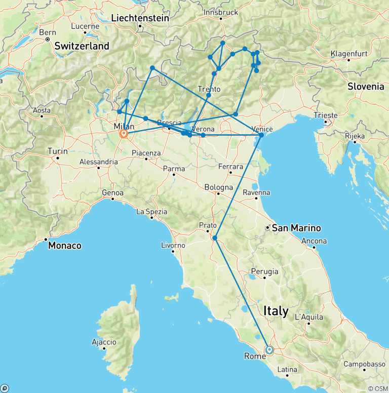 Map of Rome to Milan Encompassed - 17 days