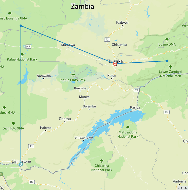 Map of Kafue and Lower Zambezi National Parks
