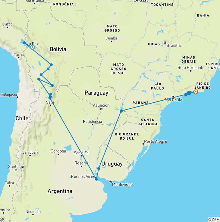 Map of Explore Bolivia to Brazil (23 destinations)