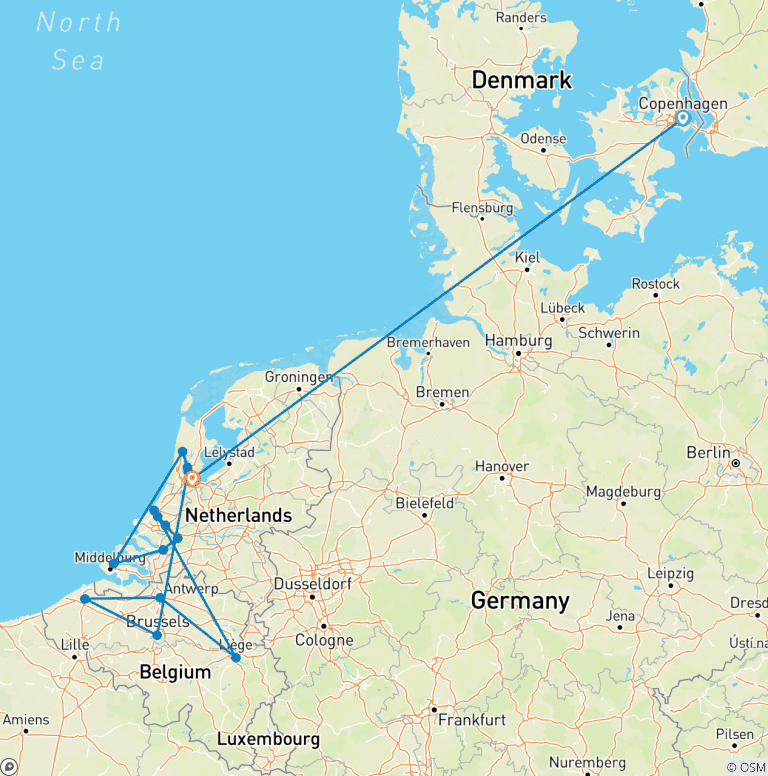 Map of Waterways of the Netherlands and Belgium & Copenhagen 2027 - 14 Days (from Copenhagen to Amsterdam)