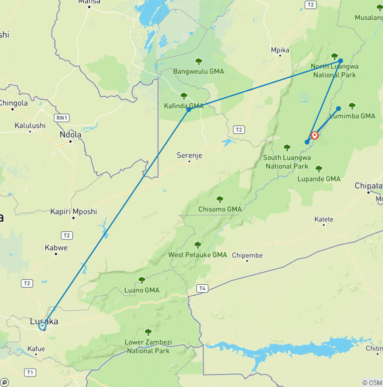 Map of Zambia - Walking Safari with Batmigration in October