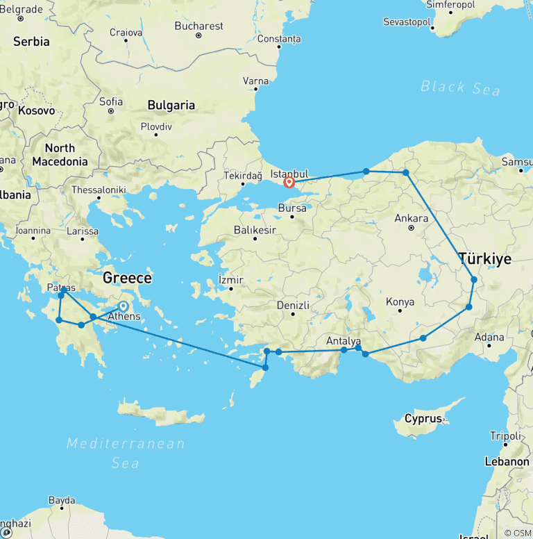 Map of Athens, Peloponnese and Amazing Turkey (18 destinations)