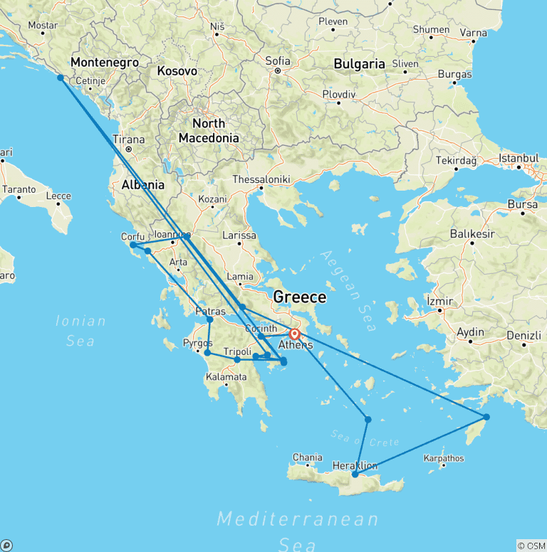 Map of Athens, Peloponnese, Northern Greece and Greek Islands (18 destinations)