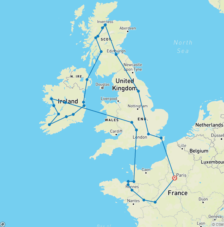 Map of British Isles with Brittany and Loire Castles