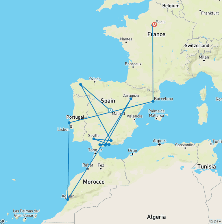 Map of Classical Spain with Paris (15 destinations)