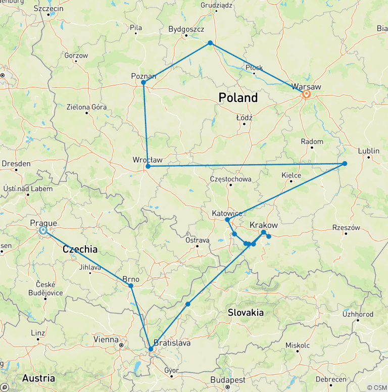Map of Czech Republic and Poland Highlights, Ending in Warsaw