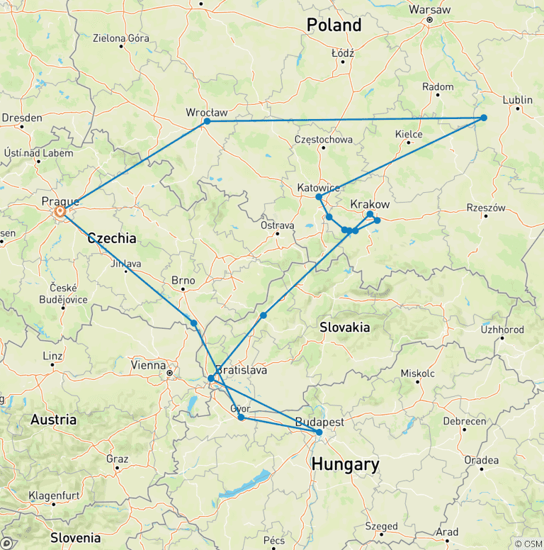 Map of Czech Republic, Budapest, and Heart of Poland, Ending in Prague