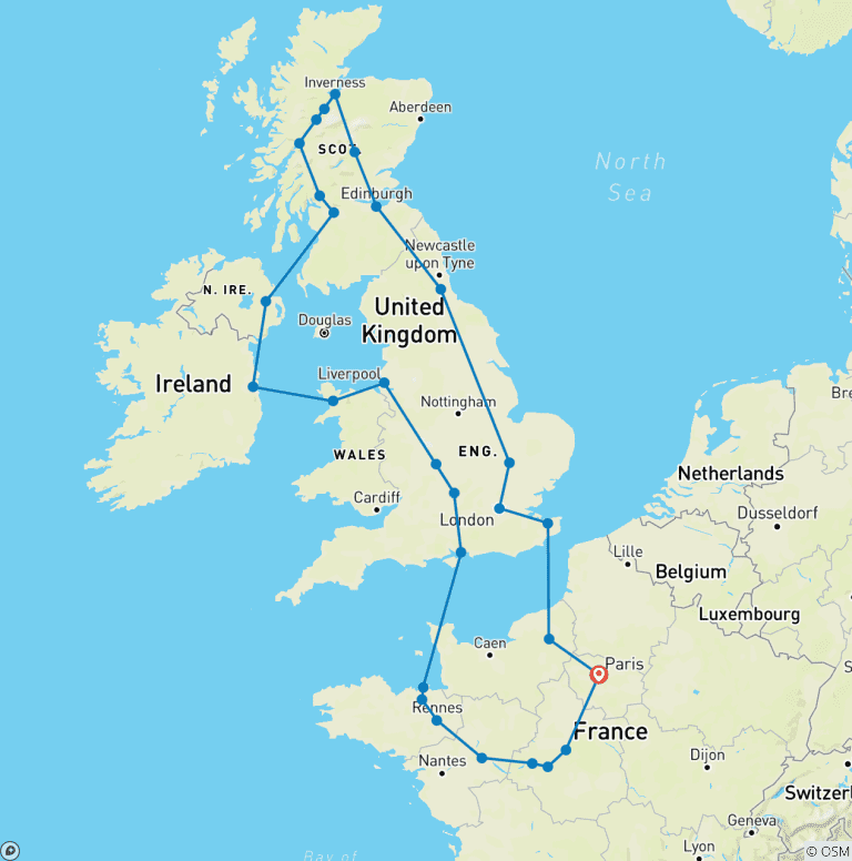 Map of France, England, Scotland and Ireland with Paris and Rouen (36 destinations)