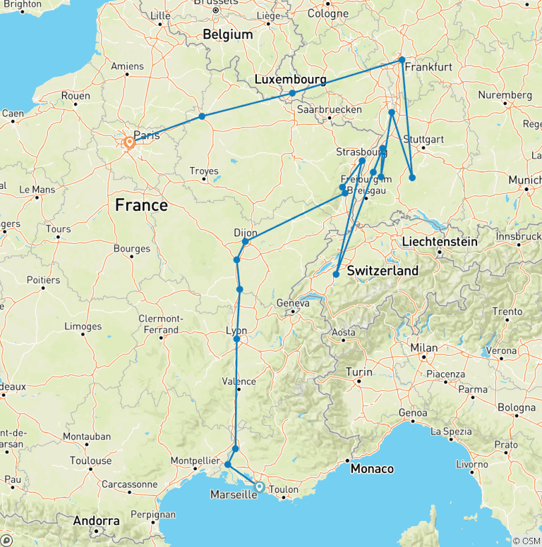 Map of Cote d Azur, Burgundy, Alsace and Black Forest (20 destinations)