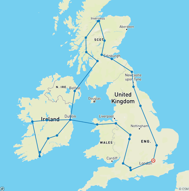 Map of London, the Highlands, Ireland, and Southern England (34 destinations)