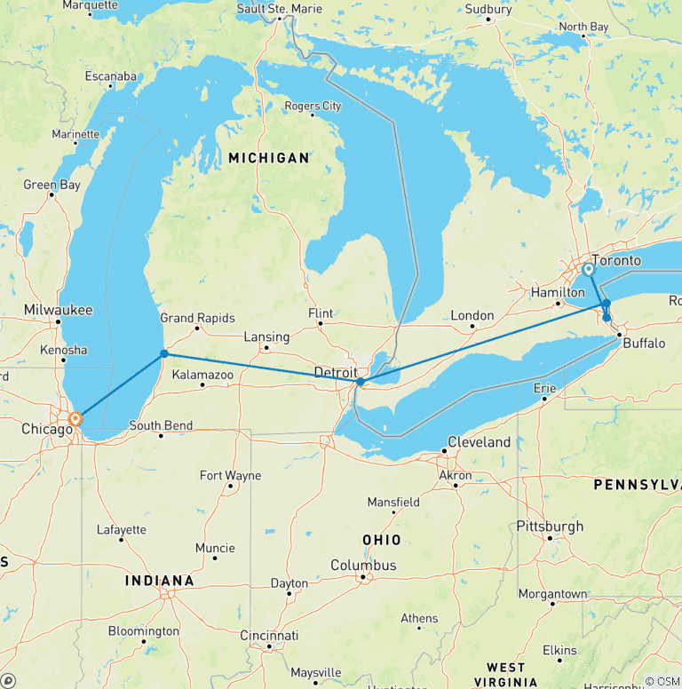 Map of Toronto, Niagara and Chicago (6 destinations)