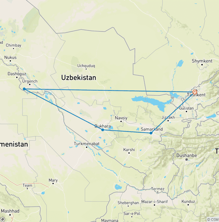 Map of Timeless Legend, Uzbekistan 7-day tour
