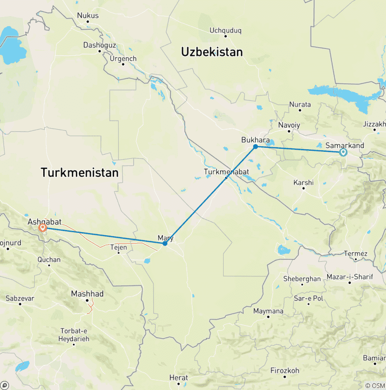 Map of Deserts & Domes, Uzbekistan&Turkmenistan 8-day tour