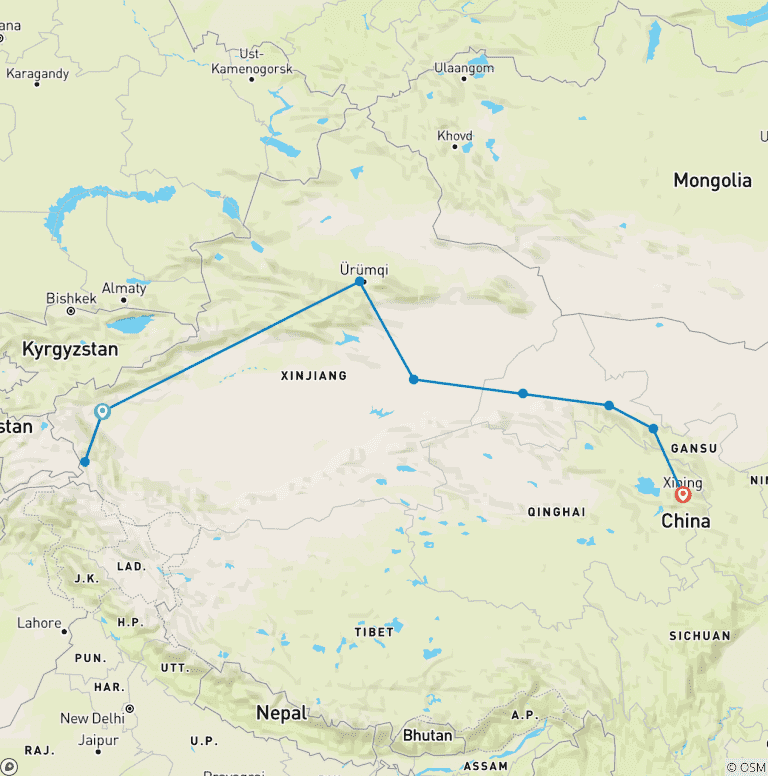 Map of 13 Days Highlights Silk Road Small Group Tour | Northwest China Package Adventure (Max 20)