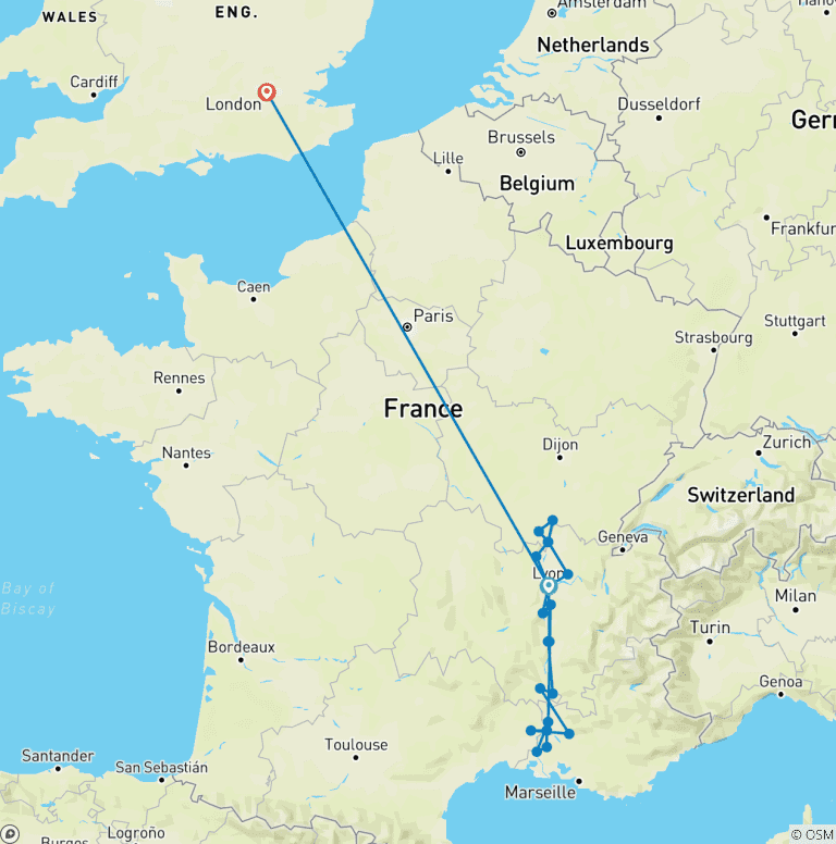 Map of Spectacular South of France with London 2027 - 14 Days (22 destinations)