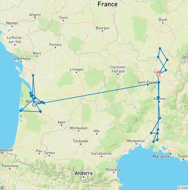 Map of Iconic France 2027 - 21 Days (from Bordeaux to Lyon)