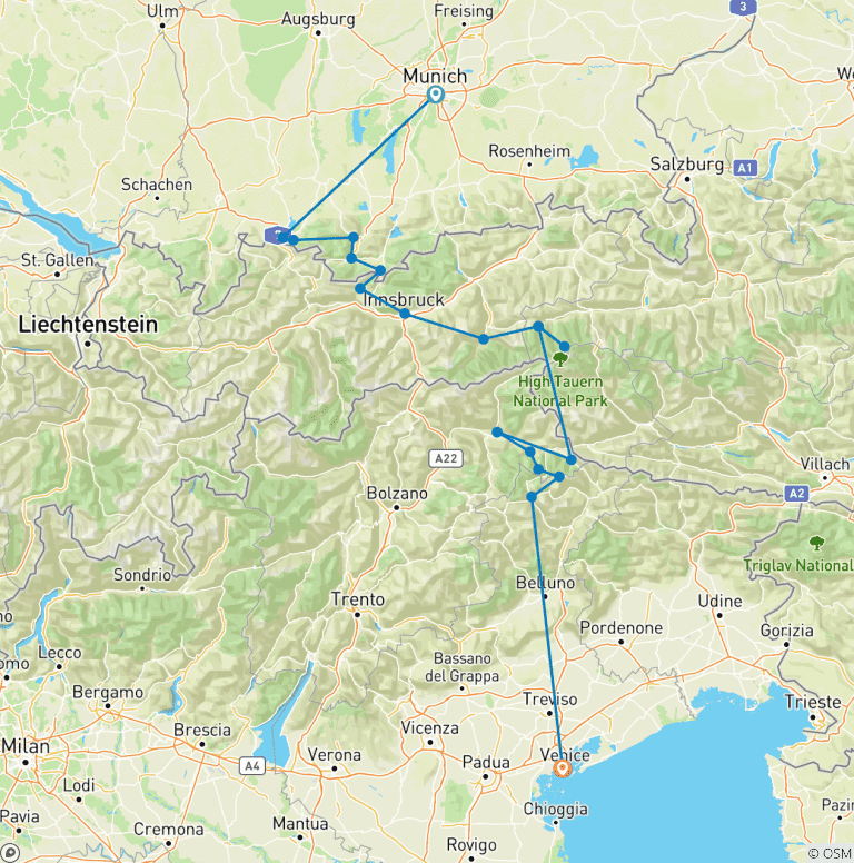 Map of Munich to Venice: Guided Journey Across the Alps