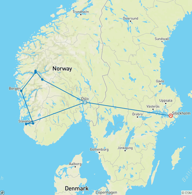 Map of MAGIC OF THE FJORDS from OSLO via STAVANGER & STOCKHOLM