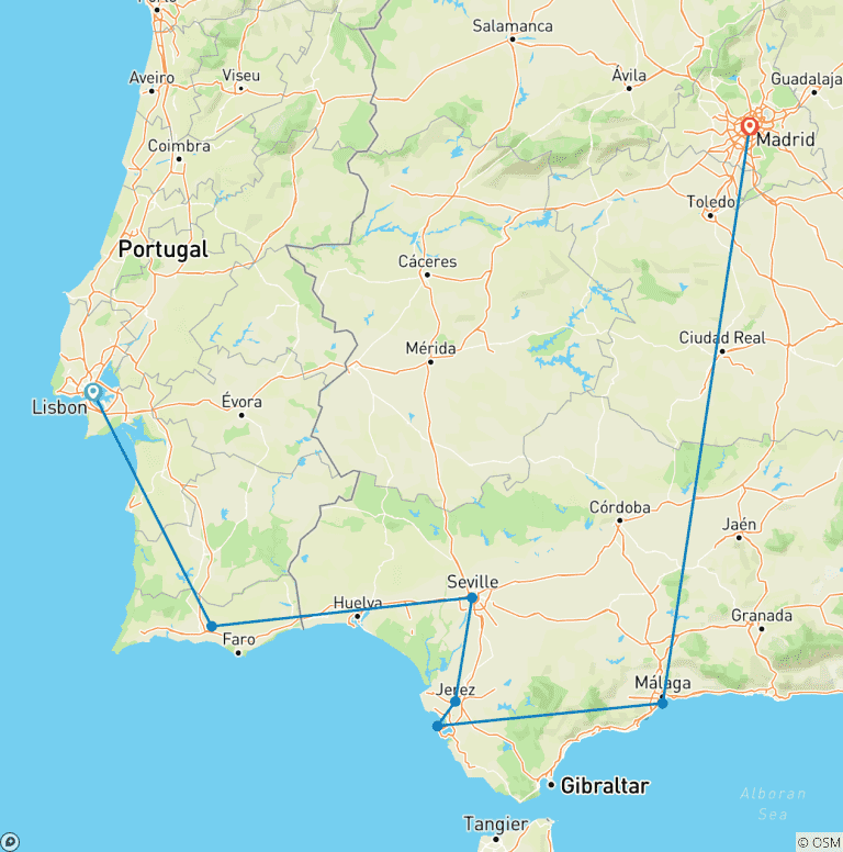 Map of Lisbon to Costa del Sol Escape with Madrid