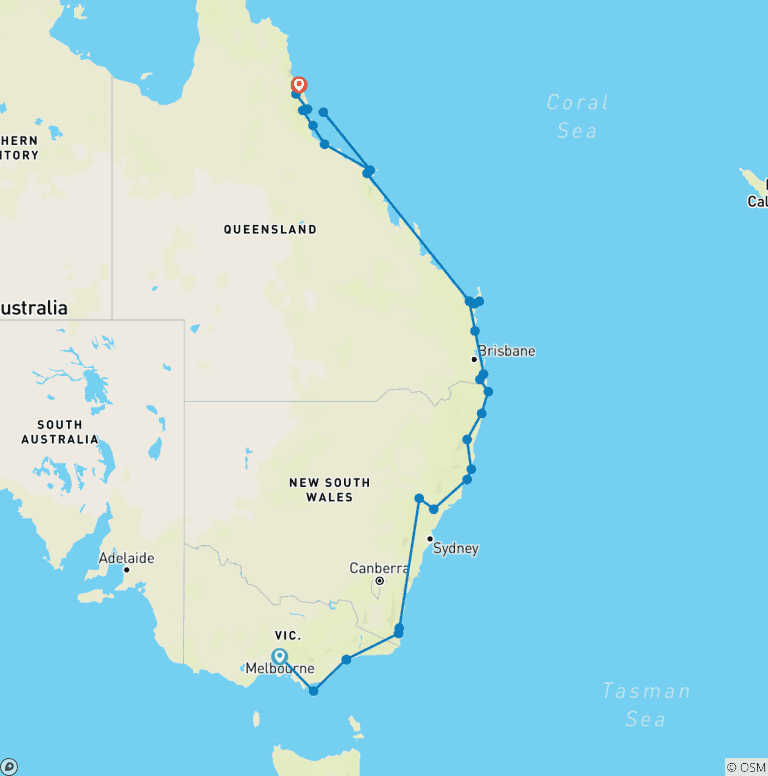 Map of Melbourne to Cairns Adventure (41 destinations)