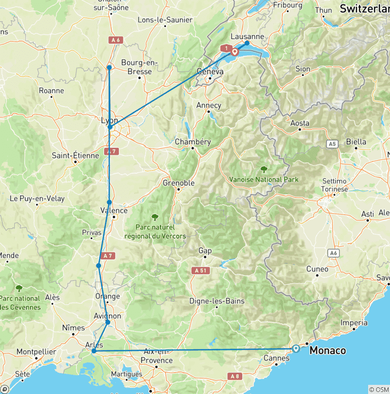Map of Sensations of Lyon and Provence with Swiss Mountains (from Nice to Lake Geneva)