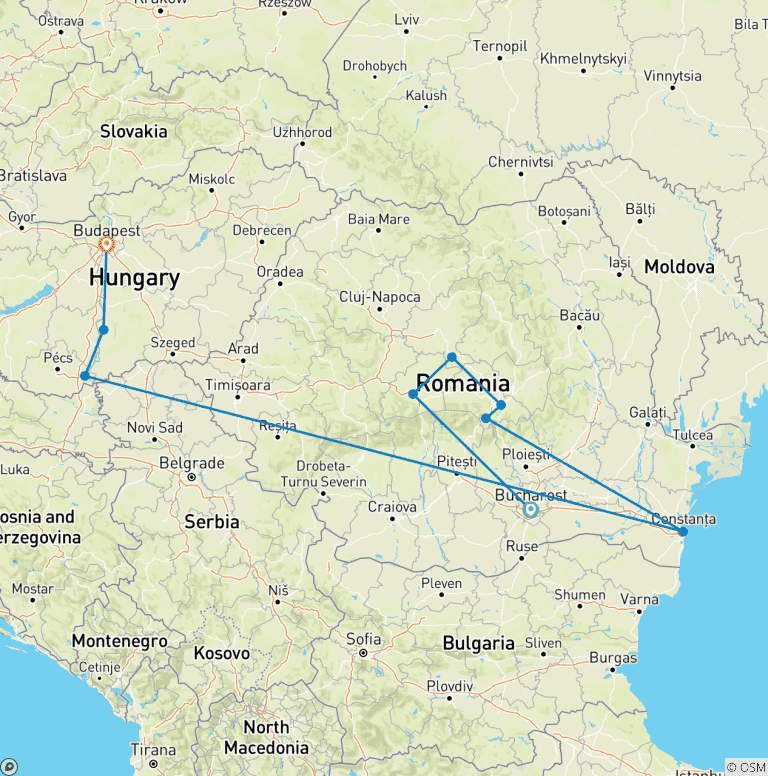 Map of Lower Danube Discovery with Transylvania 2027 - 20 Days (from Bucharest to Budapest)