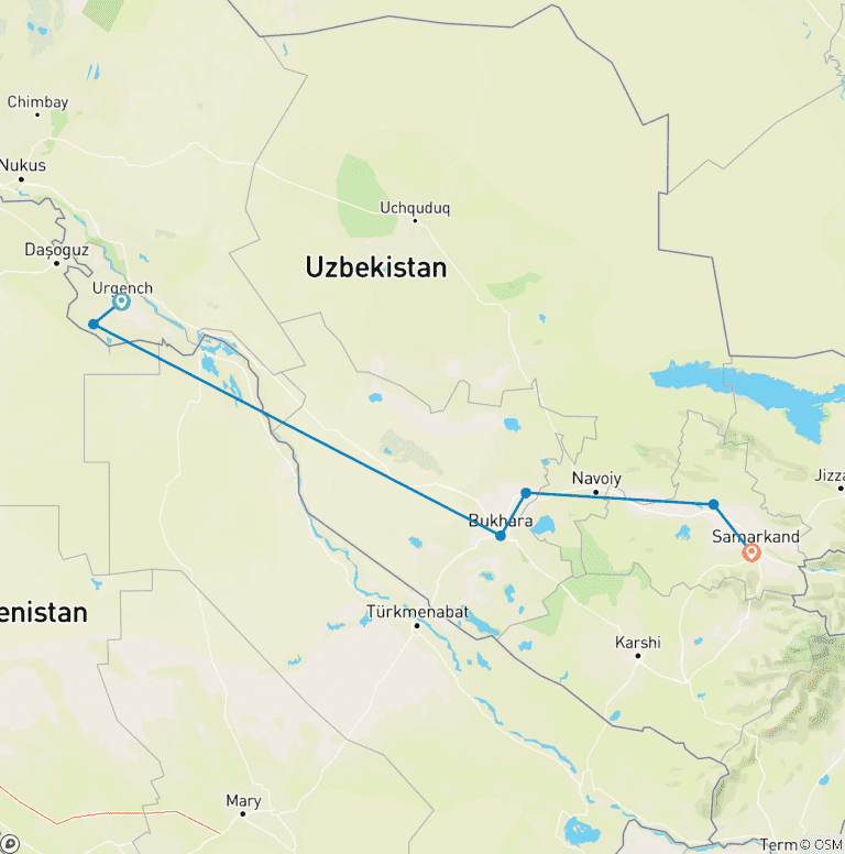 Map of 7-Day Guaranteed Tour to Uzbekistan – Ancient Cities, Timeless Culture, and Silk Road Magic