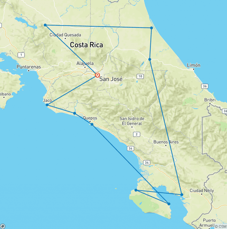 Map of Costa Rica Coast to Coast Ride