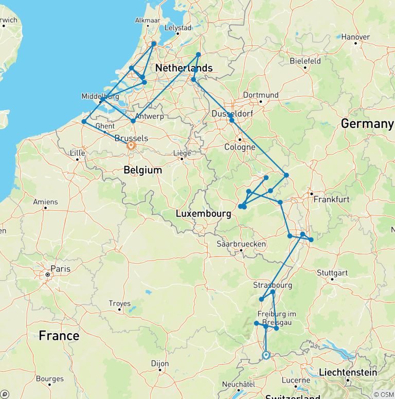 Map of Romantic Rhine & Moselle with Bruges 2027 - 18 Days (from Basel to Brussels)