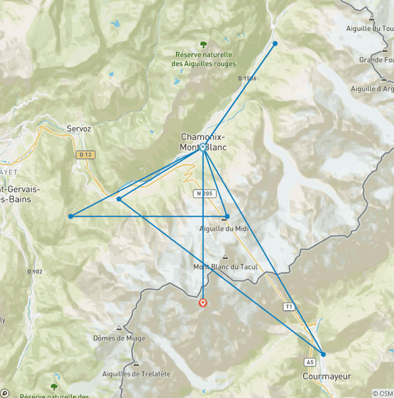 Map of Mont Blanc Hiking Highlights