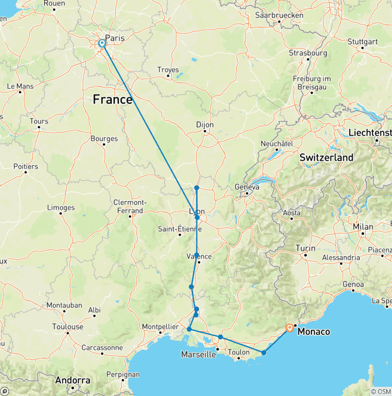 Map of Burgundy & Provence with 2 Nights in Paris & 2 Nights in French Riviera (Southbound) 2027