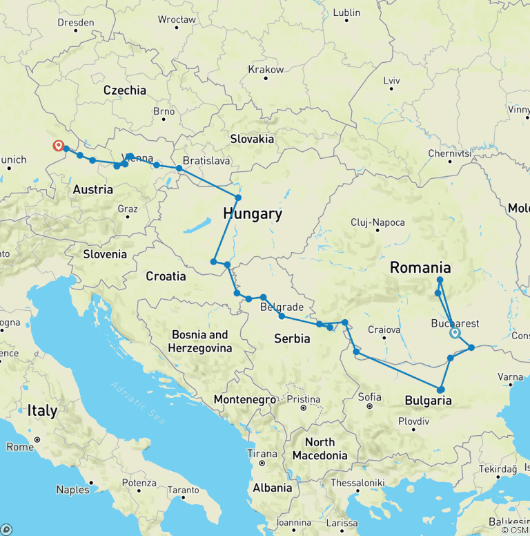 Map of The Danube from Romania to Germany with 1 Night in Bucharest and 2 Nights in Transylvania 2027