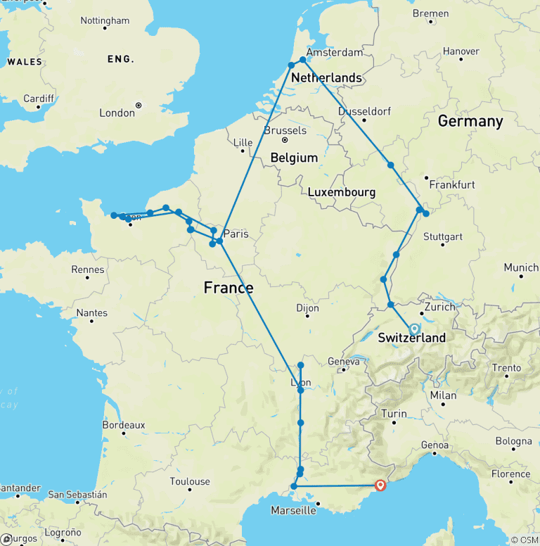 Map of European Masterpiece: the Rhine, Seine and Rhône Revealed with 2 Nights in Lucerne and 2 Nights in French Riviera 2027
