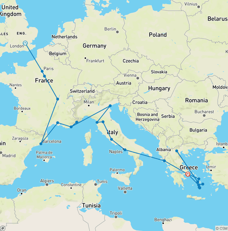 Map of London to Athens with Greek Island Hopping (Standard, Start London) (31 destinations)