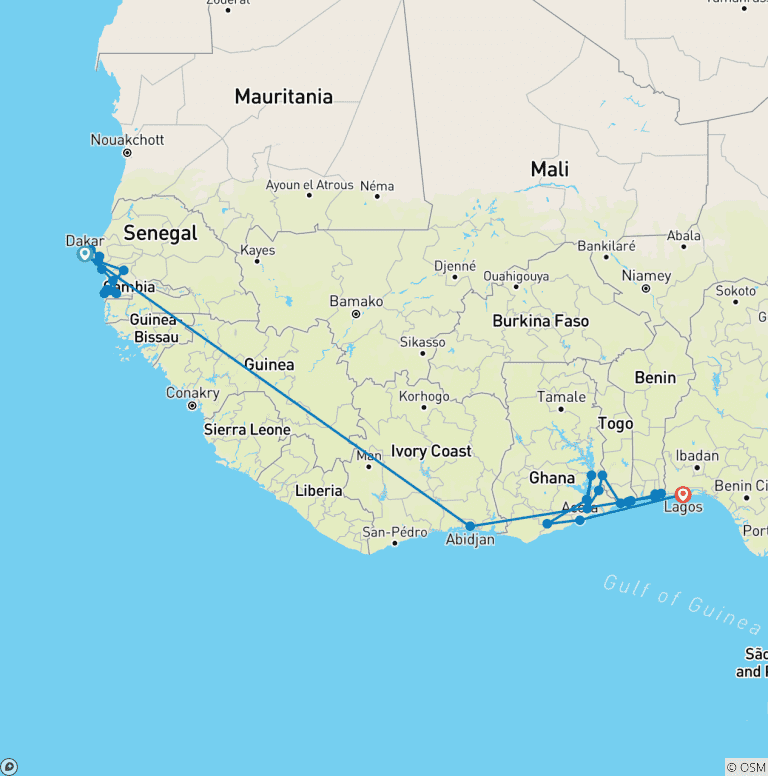 Map of Senegal, The Gambia, Ivory Coast, Benin, Togo, Ghana & Nigeria – 27 Days