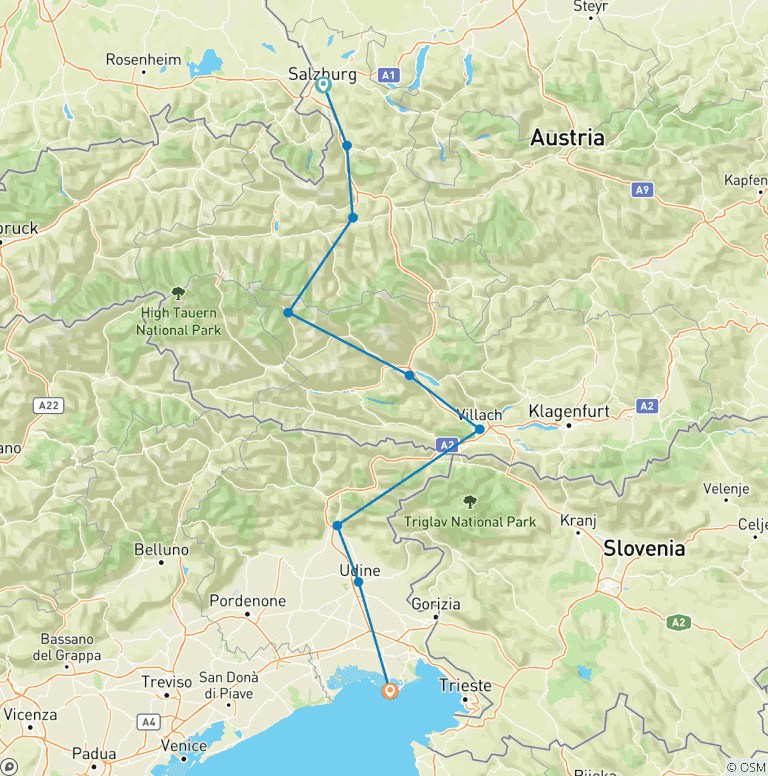 Map of Alpe-Adria Cycle Route, Salzburg–Grado