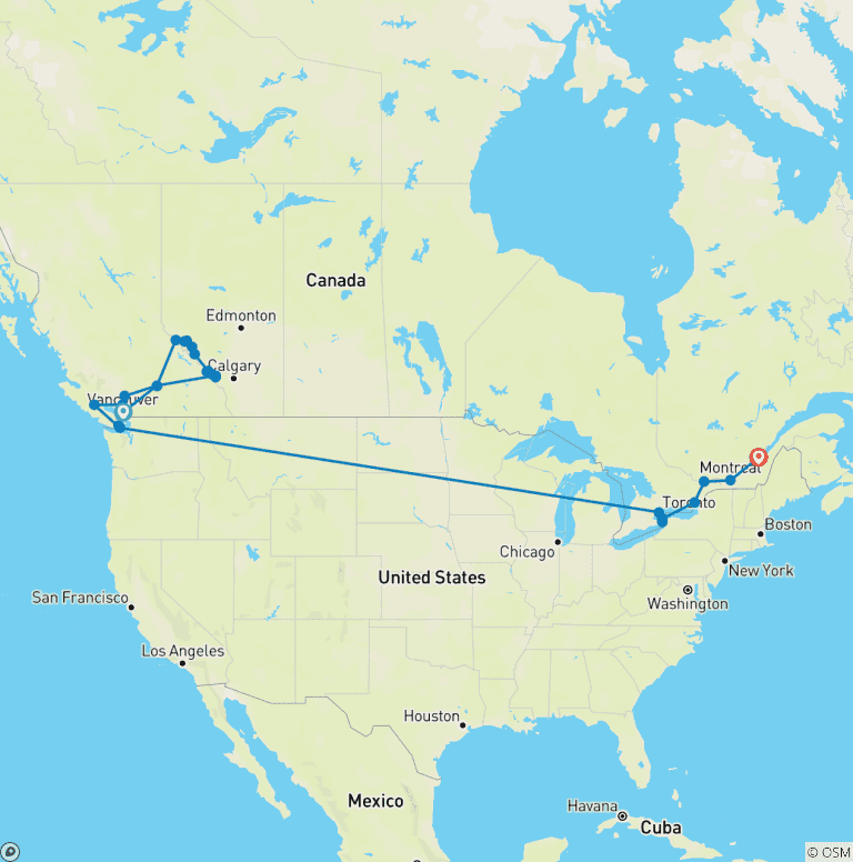 Map of Spectacular Rockies & Best of the East 2027 - 23 Days (from Vancouver to Quebec City)