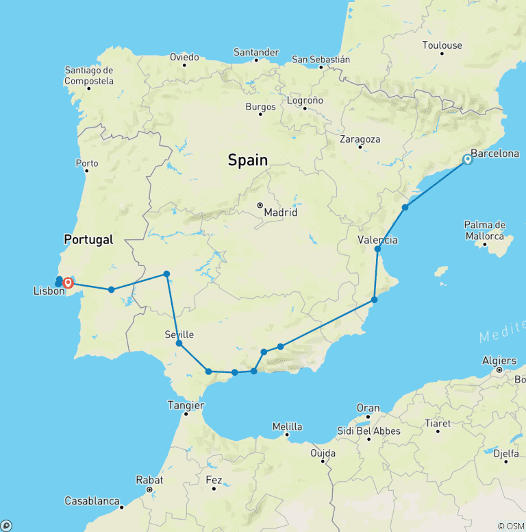 Map of Barcelona, Andalusia and Lisbon