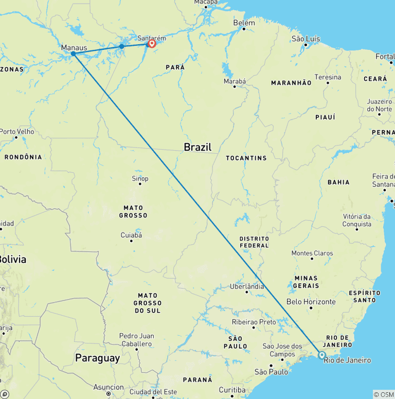 Map of Rio de Janeiro, the Gentle Amazon and the Tapajós River - An enchanting and intimate cruise to the most beautiful beaches of the Amazon (port-to-port cruise)
