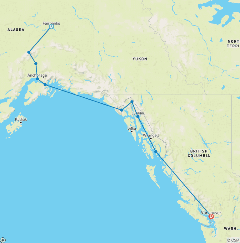 Map of Alaska Discovery Land & Cruise featuring a 7-night Holland America Cruise (Fairbanks, AK to Vancouver, BC)
