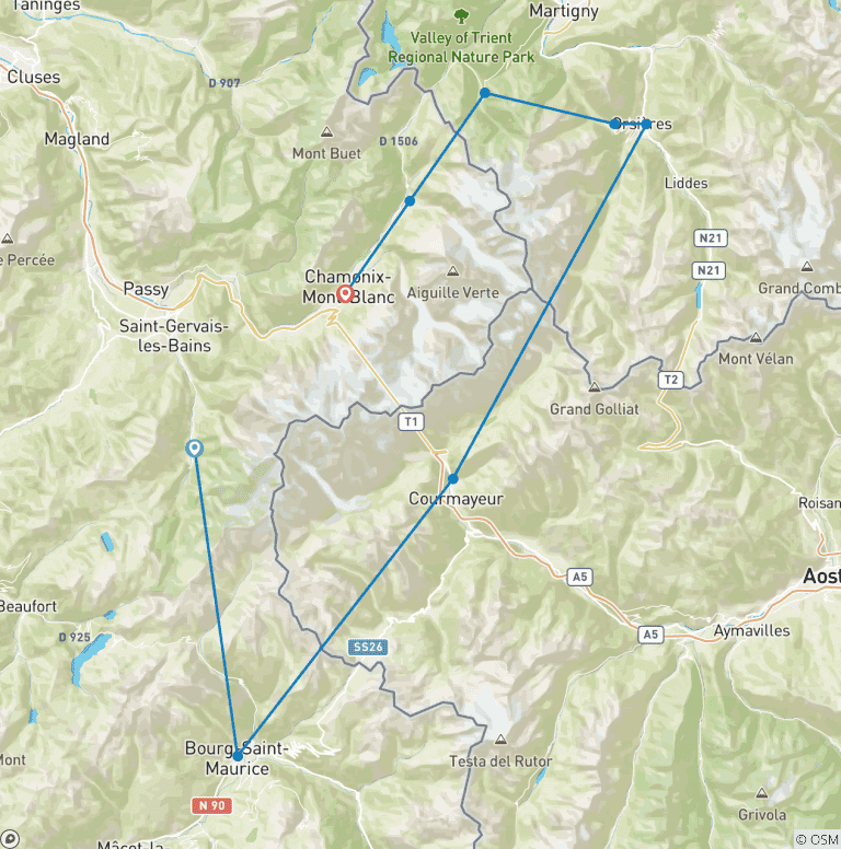 Map of The Tour du Mont Blanc - comfort version (7 Days)