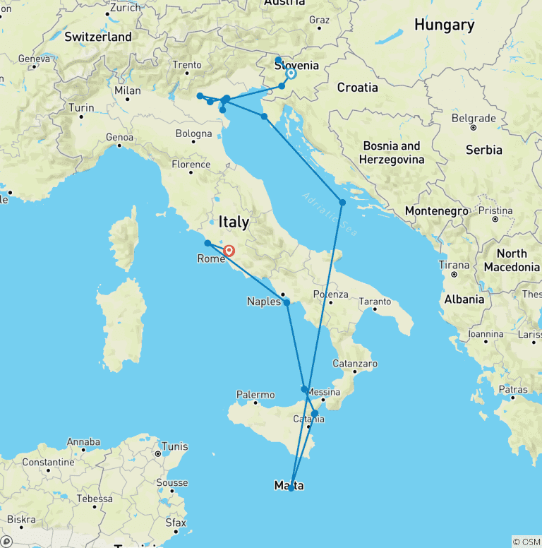 Map of The Best of Italy, Croatia & Malta with Slovenia (2027) (Ljubljana to Civitavecchia, 2027)