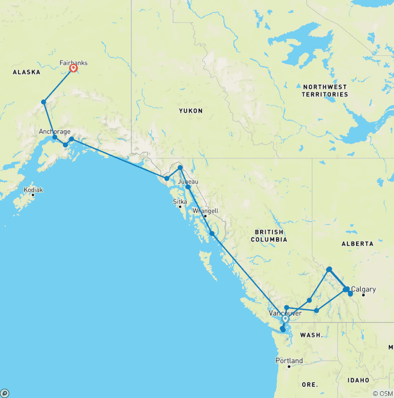 Map of Rockies and Alaskan Adventure Vancouver - Fairbanks (2027)