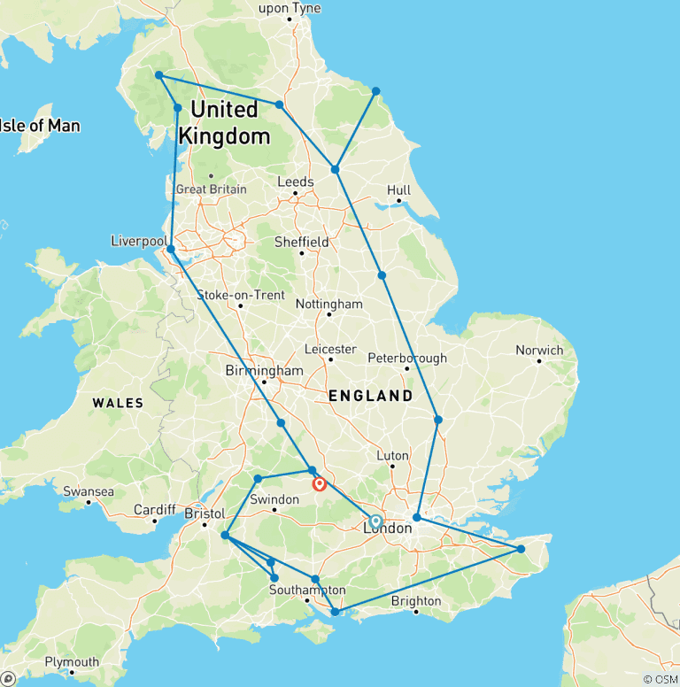 Map of English Odyssey - 14 Days/13 Nights (including Stonehenge)