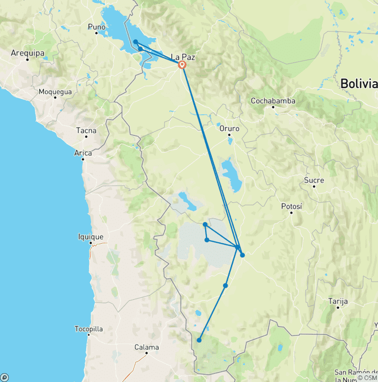 Map of Bolivia Signature Journey: La Paz, Sun Island & Uyuni - 7 days