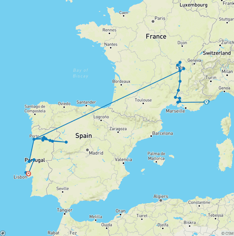 Map of Discover the South of France & Portugal: Nice to Lisbon
