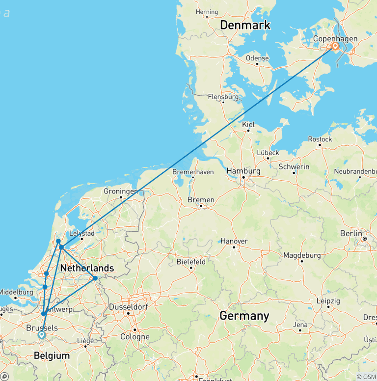 Map of Belgian & Holland Delights with Copenhagen 2027 - 14 Days (from Brussels to Copenhagen)