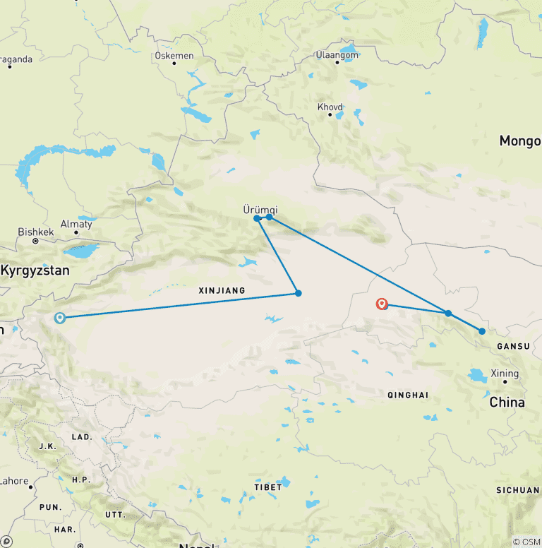 Map of Budget Silk Road Tour: Kashgar to Zhangye, Dunhuang 10D