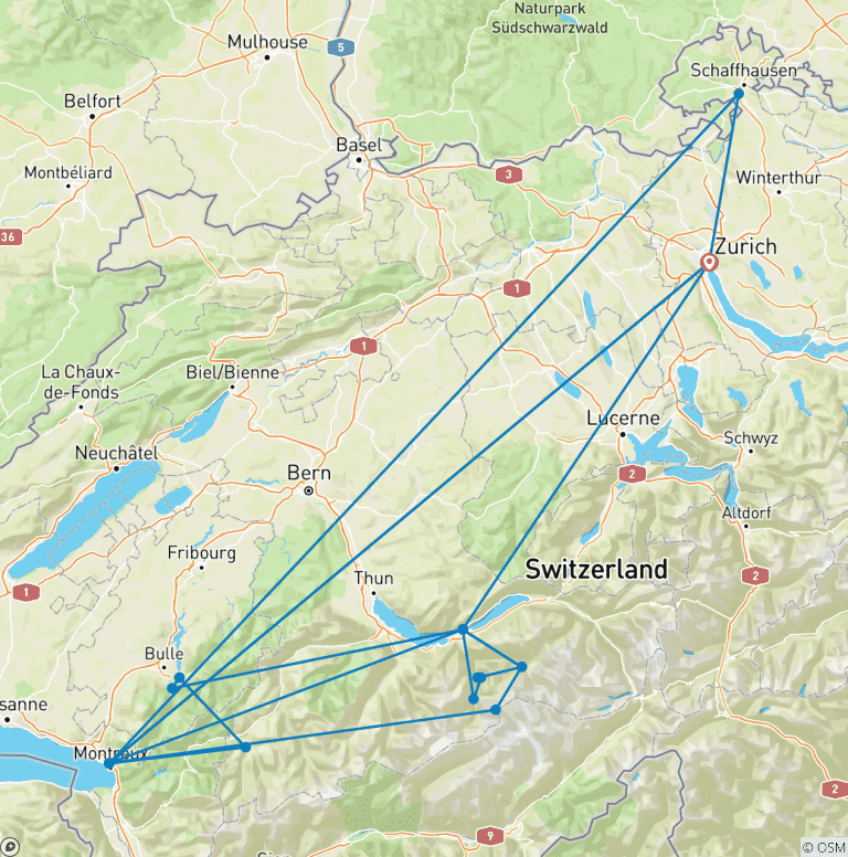 Map of 7 Days Switzerland Tour (Zurich, Interlaken and Montreux)